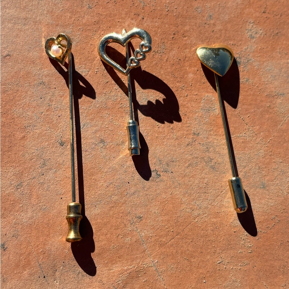 Set of 3 Vintage Gold Heart Stick Pins